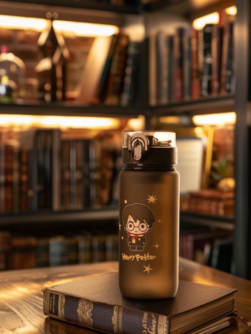 Matowa butelka na wodę z grafiką Harry'ego Pottera stojąca na starej księdze